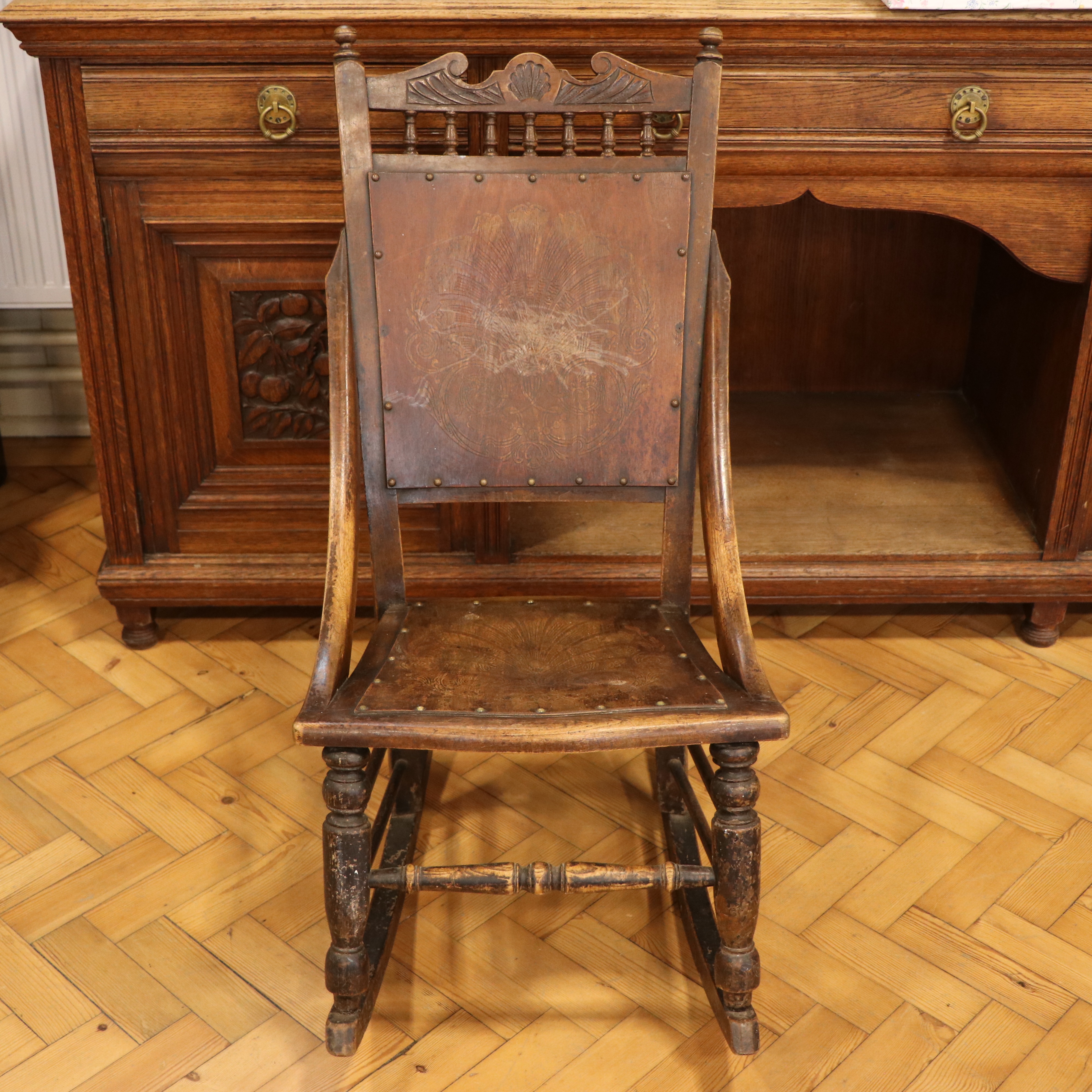 A late 19th Century rocking chair, having a pressed decorative plywood back and seat - Image 2 of 4