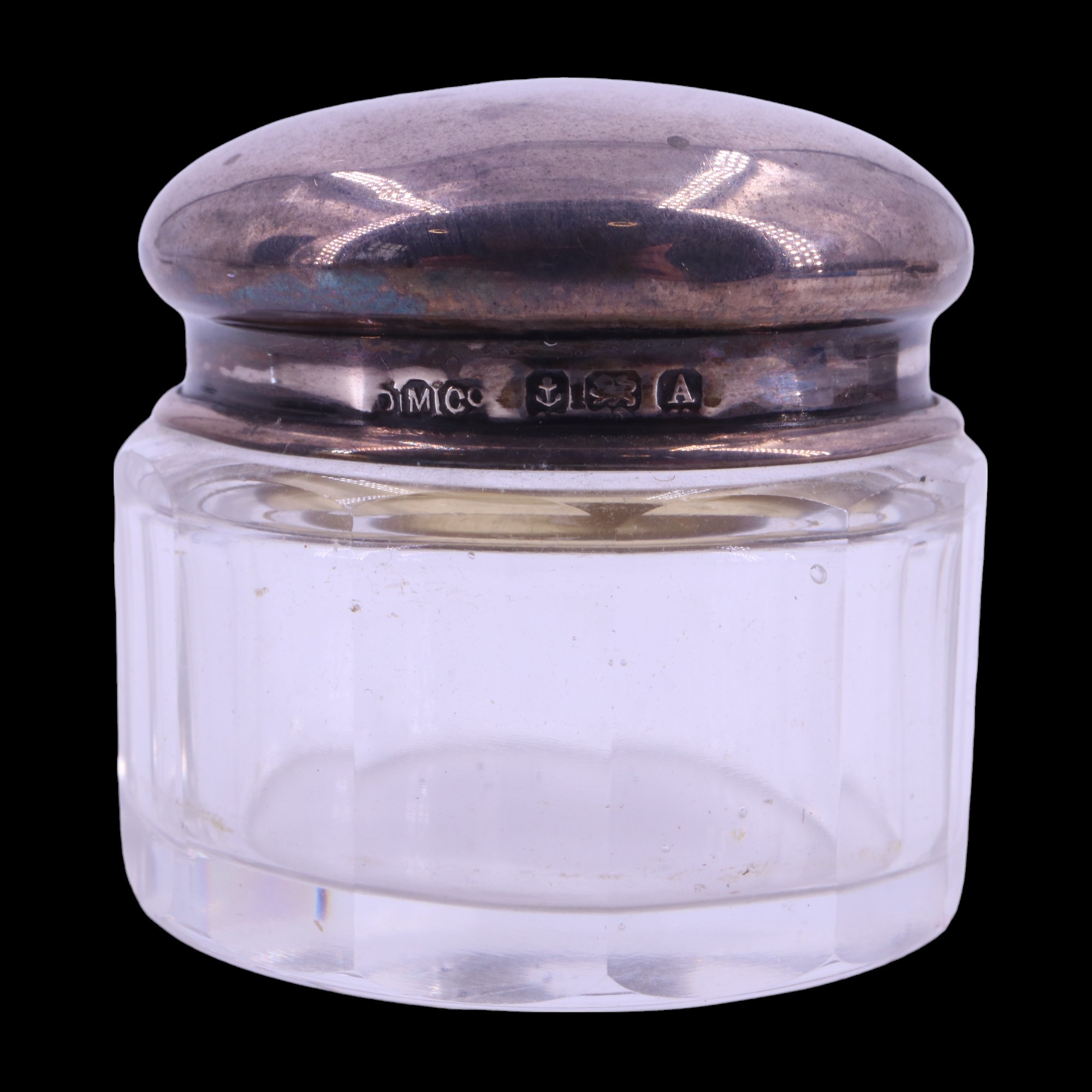 Three early 20th Century silver-lidded cut glass cosmetics pots together with a set of scissors in - Image 6 of 7