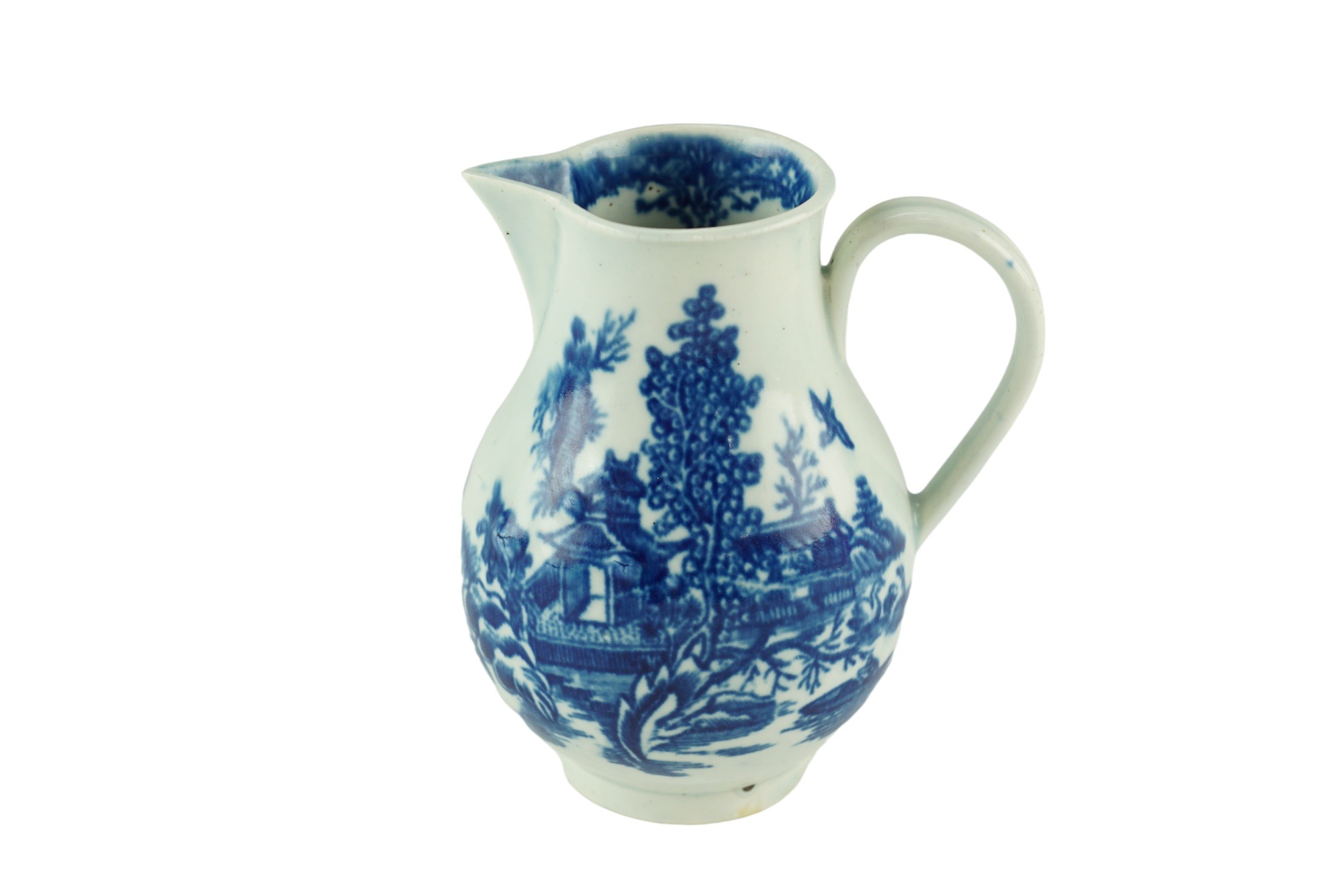 A late 18th Century Worcester blue-and-white sparrow beak baluster cream jug, circa 1760, 9.5 cm