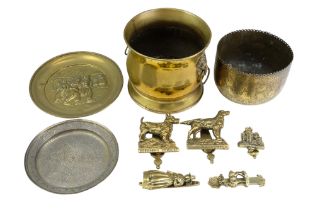 A quantity of decorative brassware including novelty door knockers, an Indian cachepot and tray,
