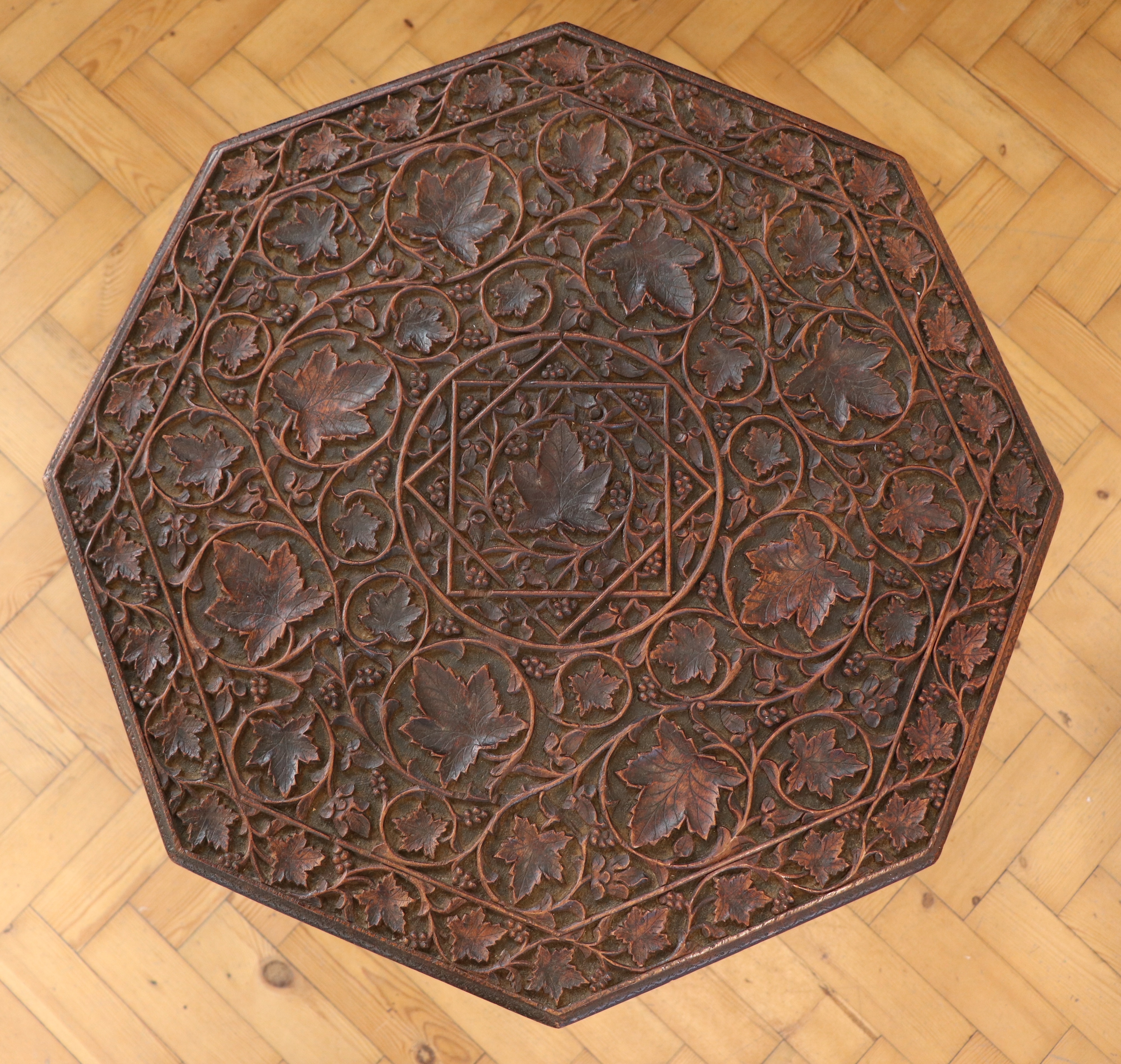 An early 20th Century Indian Hoshiarpur carved wooden folding table, 61 cm x 63 cm high - Image 5 of 7