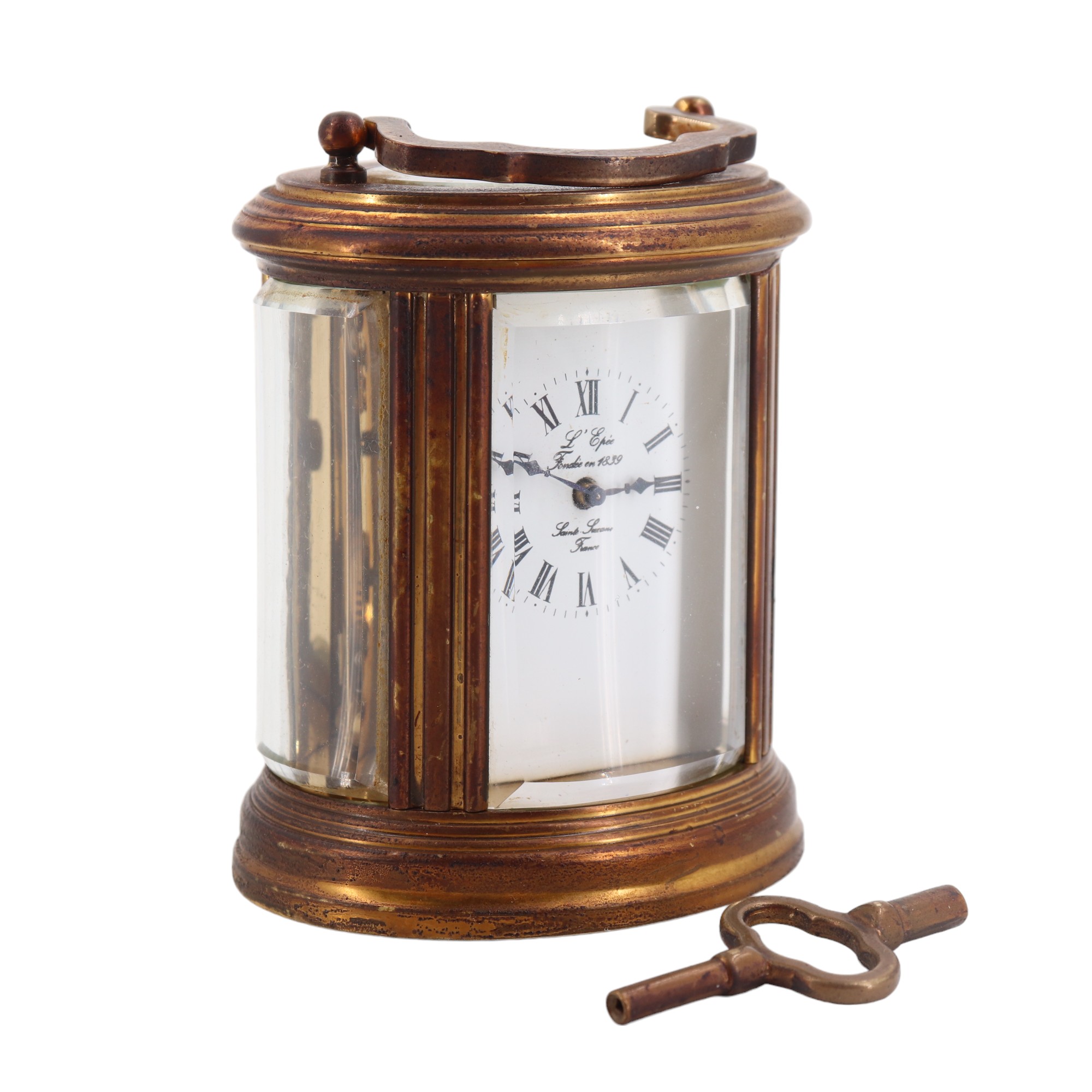 A late 20th Century French L'Epee brass carriage clock, having a key-wound 11-jewel movement, with