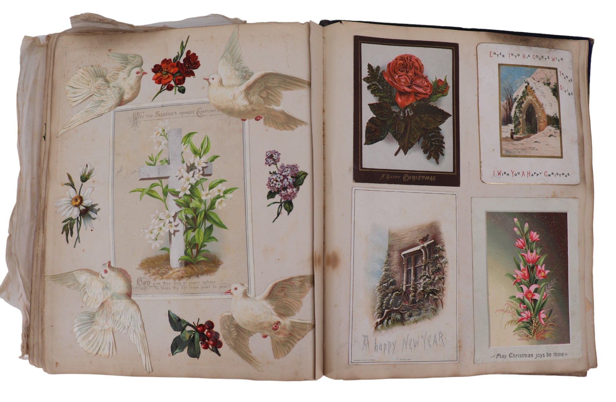 A Victorian scrap album of tinted Christmas and other sentimental postcards, 31.5 x 20 cm - Image 4 of 4
