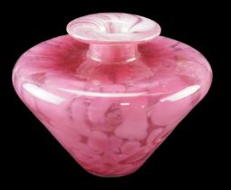 A mottled pink and white studio glass specimen vase, of compressed shouldered oviform, 8 cm