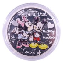 A 2015 Disney 1oz fine silver coin, Mickey and Minnie Mouse, New Zealand