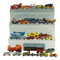 A quantity of play-worn Corgi and Matchbox diecast model racing cars, a hovercraft, aircraft etc