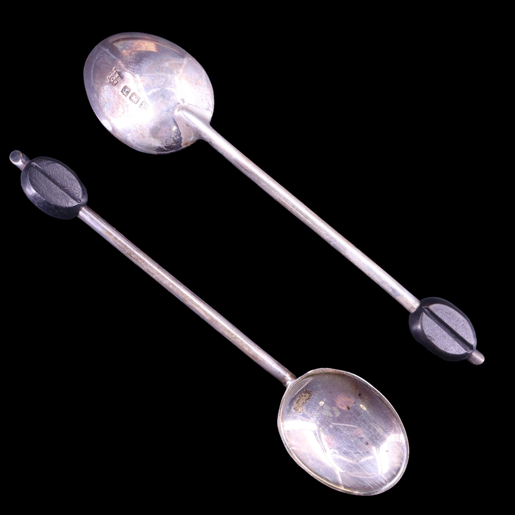 A cased set of 1920s silver coffee spoons having bean terminals, S W Smith & Co, Birmingham, 1909 - Image 2 of 3