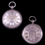 Two Victorian silver pocket watches, each having engraved silver faces with gold numerals,