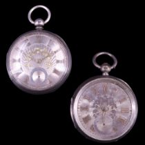Two Victorian silver pocket watches, each having engraved silver faces with gold numerals,