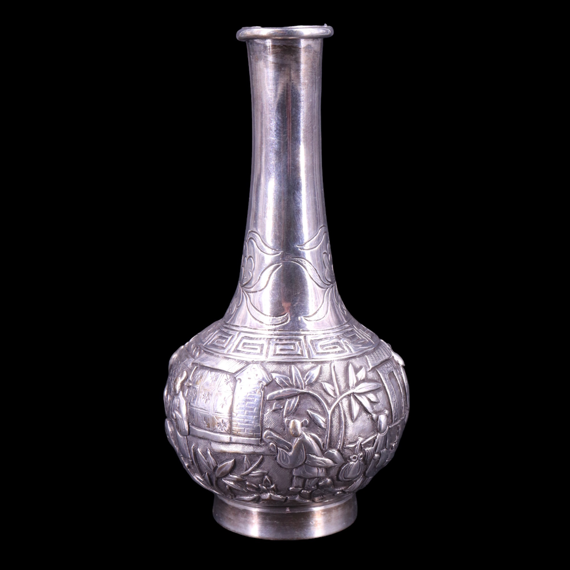 A late 19th / early 20th Century Canton silver bud vase, of bottle form, chased and engraved - Image 2 of 3
