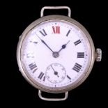 A Great War trench watch, having an un-named Swiss movement and white enamel face with red 12, Roman