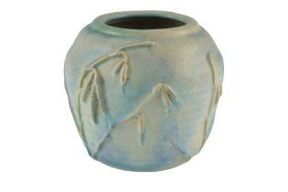 A 1930s Denby Danesby Ware blue-glazed stoneware vase, relief decorated in depiction of willow