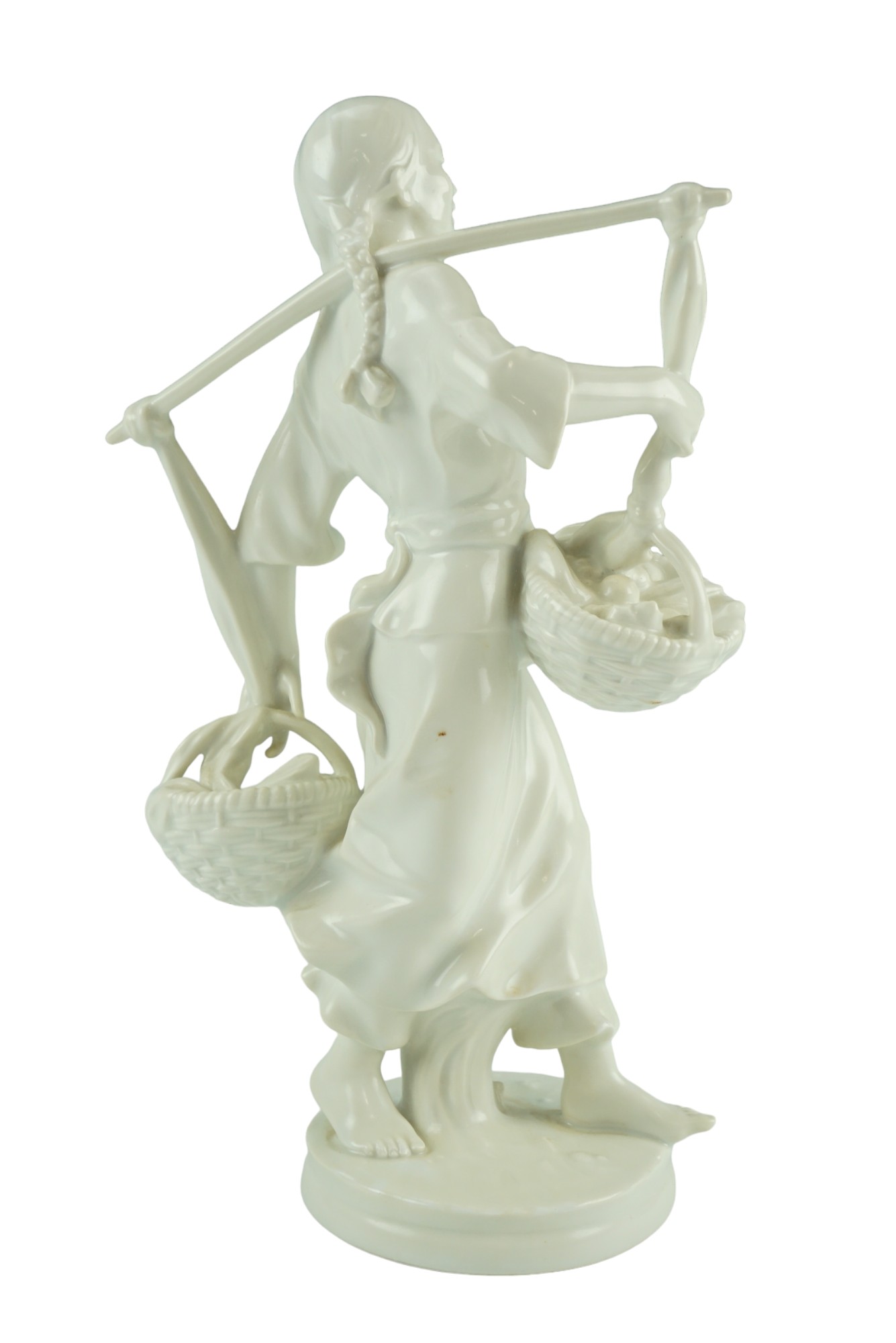 A Meissen Weifs blanc-de-chine figurine of a Korean girl carrying fruit baskets, designed by Max - Image 3 of 6
