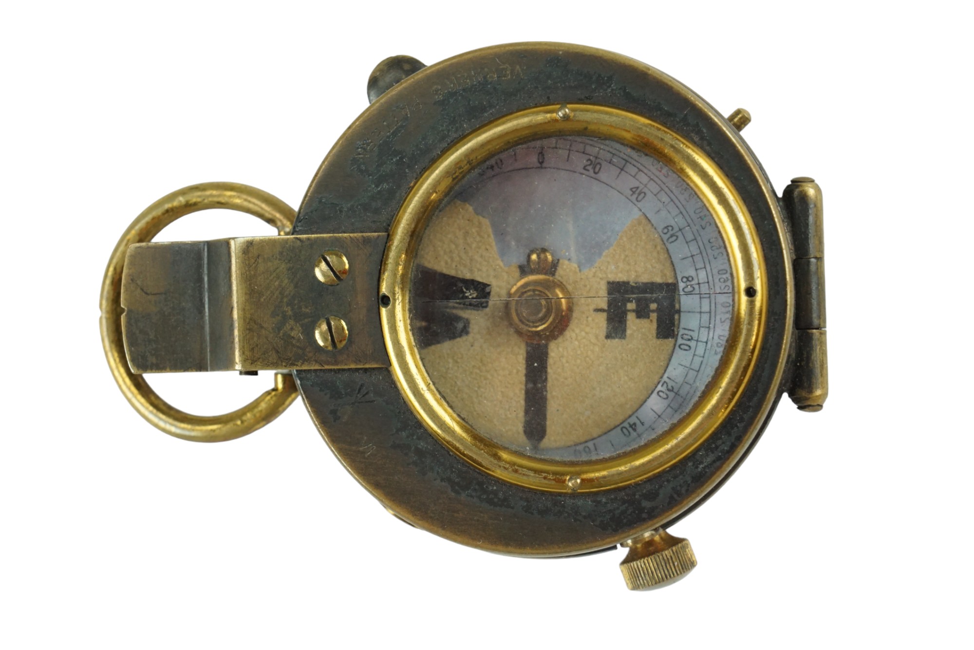 A 1910 date British army prismatic marching compass and leather case, each marked with the name J - Image 2 of 5