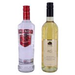 A bottle of Poggio Della Quercia Italian white wine together with a bottle of Smirnoff vodka, 75 and