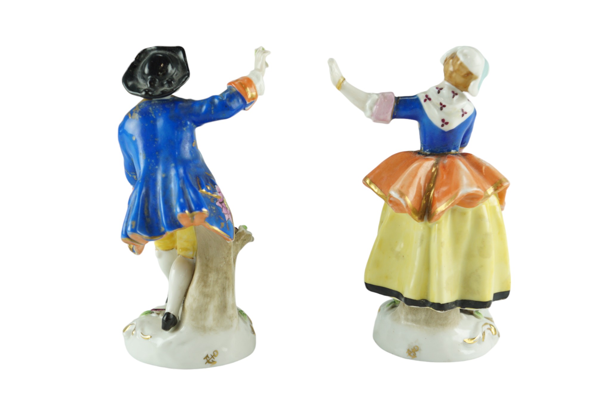 A pair of reproduction 18th Century Chelsea porcelain figurines respectively of a belle and beau - Image 2 of 3