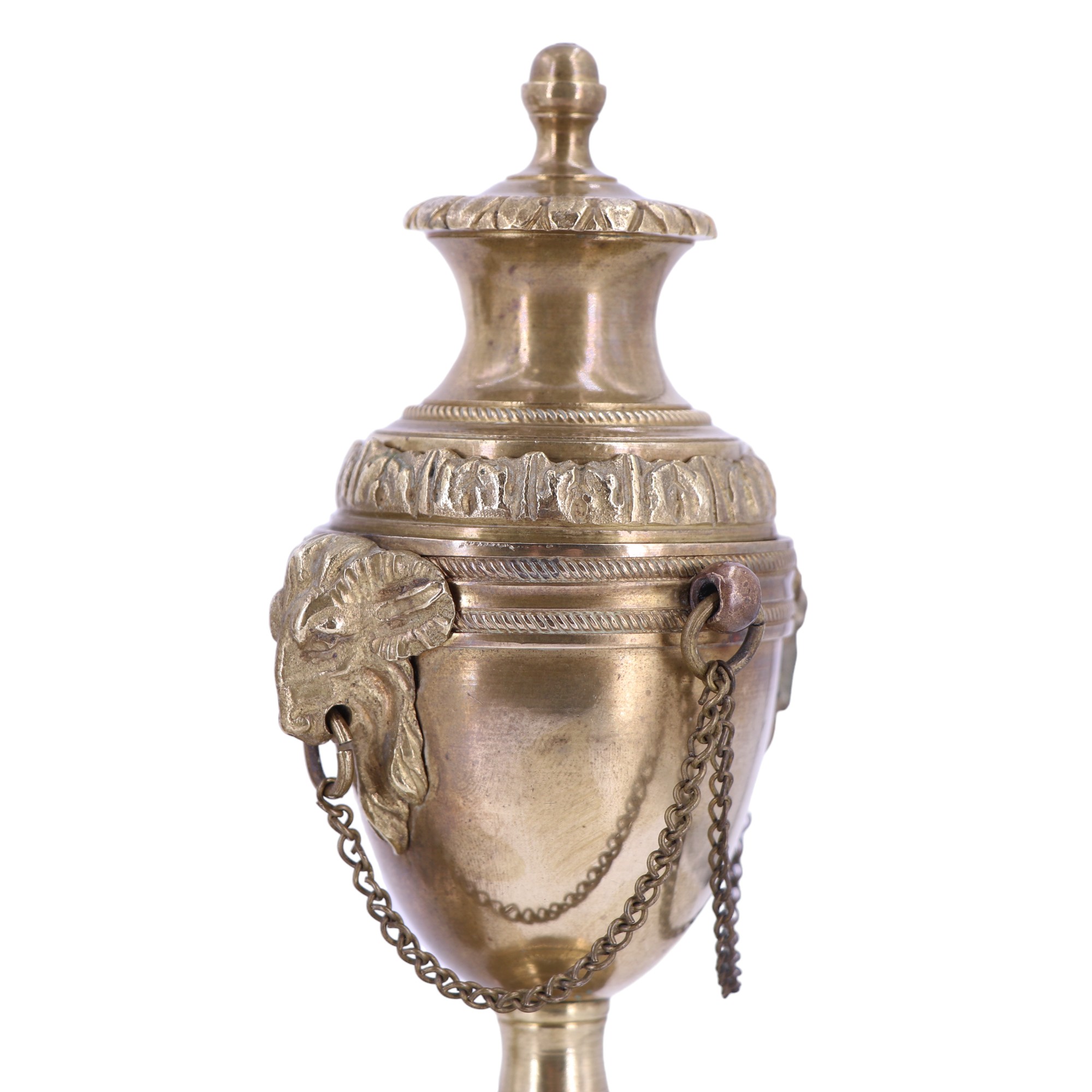 A pair of Louis XVI style brass and alabaster columnar candlesticks, each in the form of an - Image 6 of 6