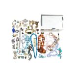 A jewellery box and quantity of vintage and later costume jewellery, including glass bead necklaces,