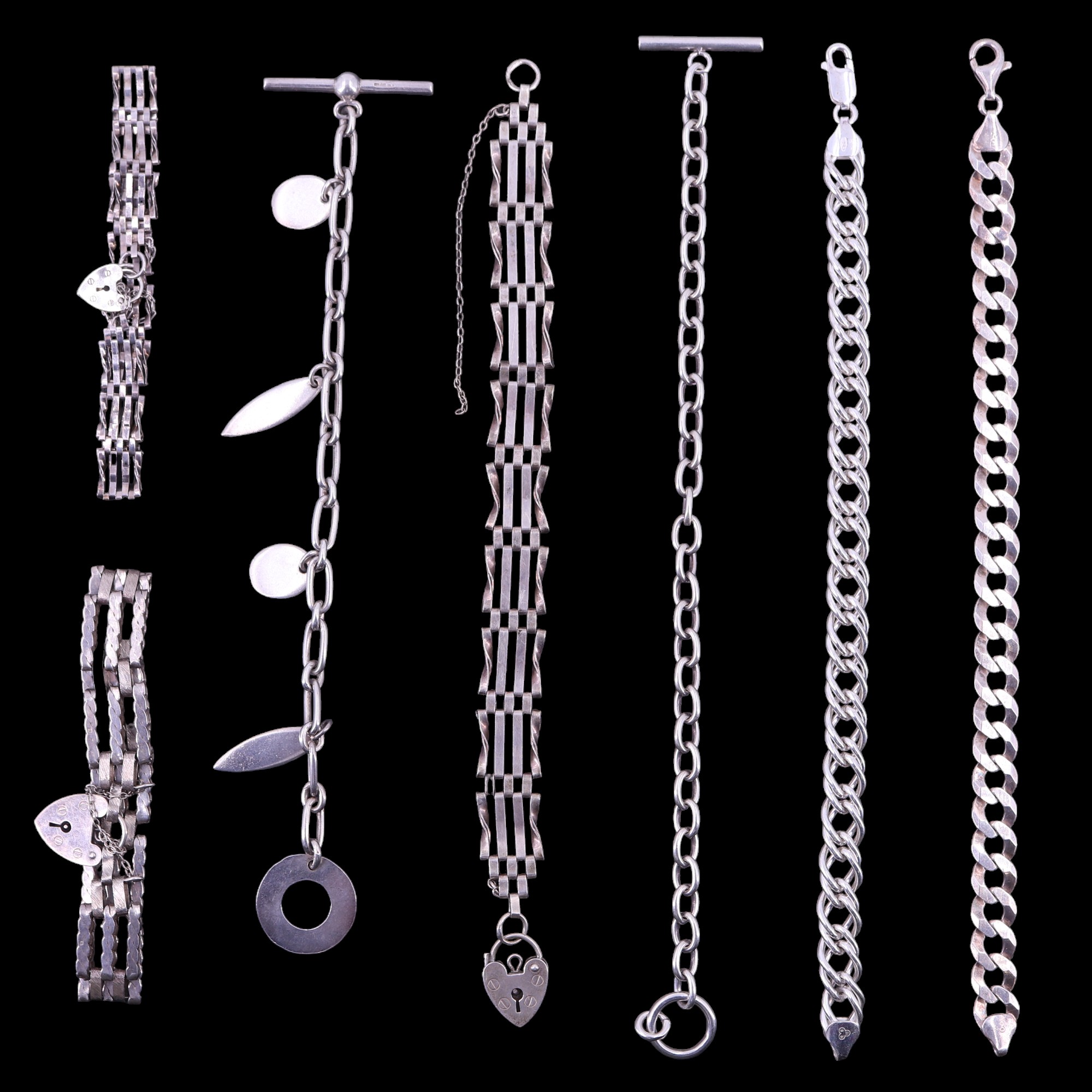 Silver / white metal traditional gate-link, T-bar-and-ring, fringed and other bracelets, 97 g