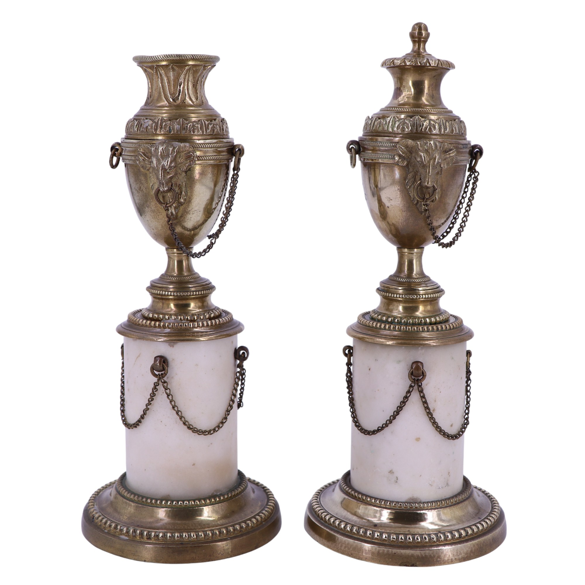 A pair of Louis XVI style brass and alabaster columnar candlesticks, each in the form of an - Image 4 of 6