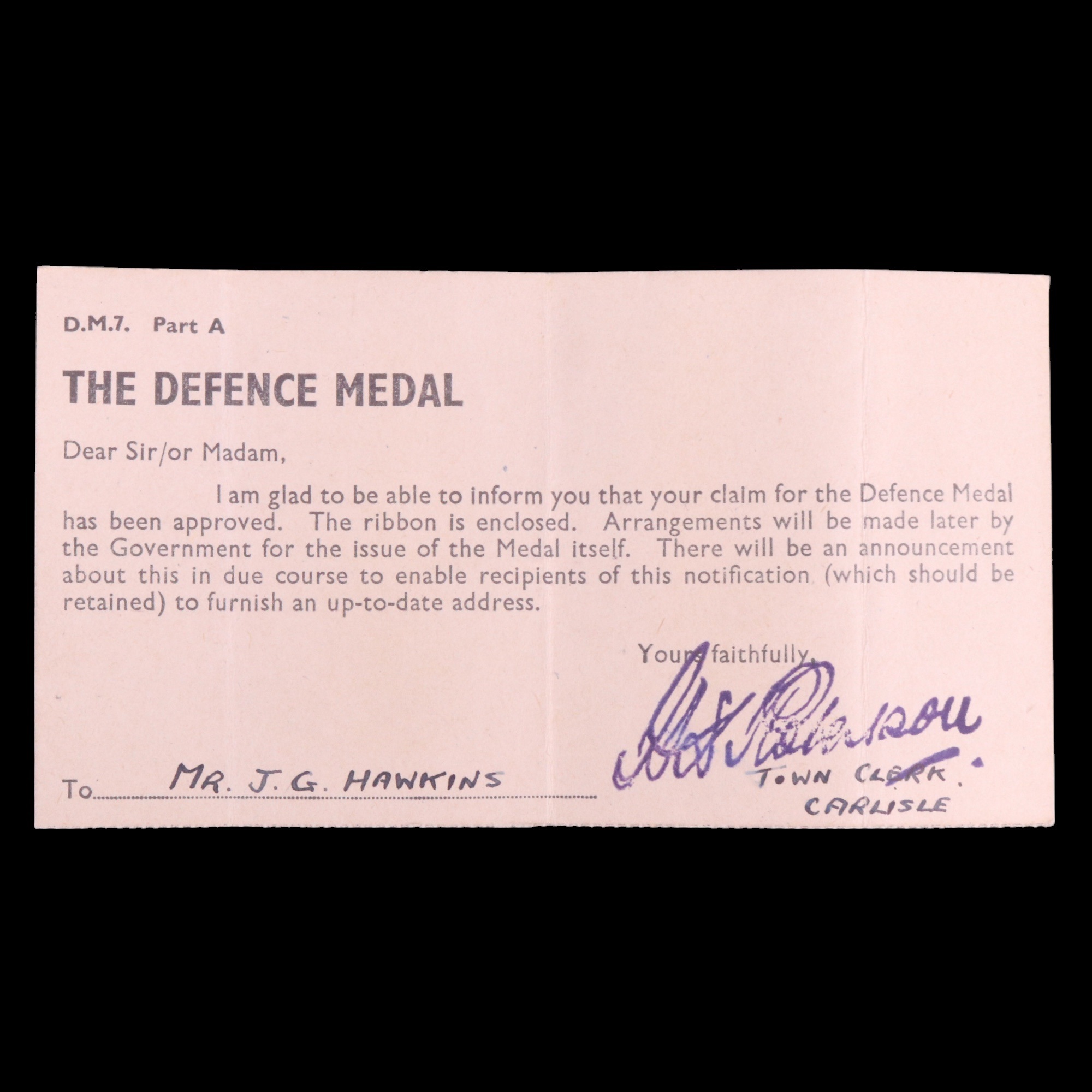 A 1939-1945 War Defence medal, in carton addressed to Mr J G Hawkins of Carlisle - Image 2 of 4