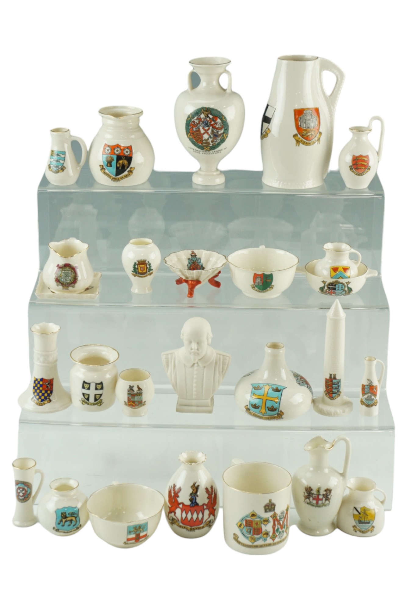 A large group of W H Goss crested china including a Hancock bust, a salt shaker and a Toby jug, bust - Image 5 of 5