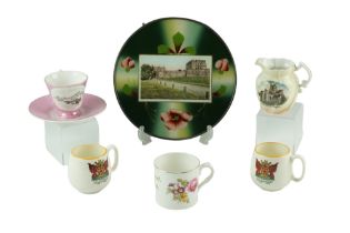 Carlisle commemorative ware together with a Keswick cup and an Allonby cup and saucer, jug 9 cm