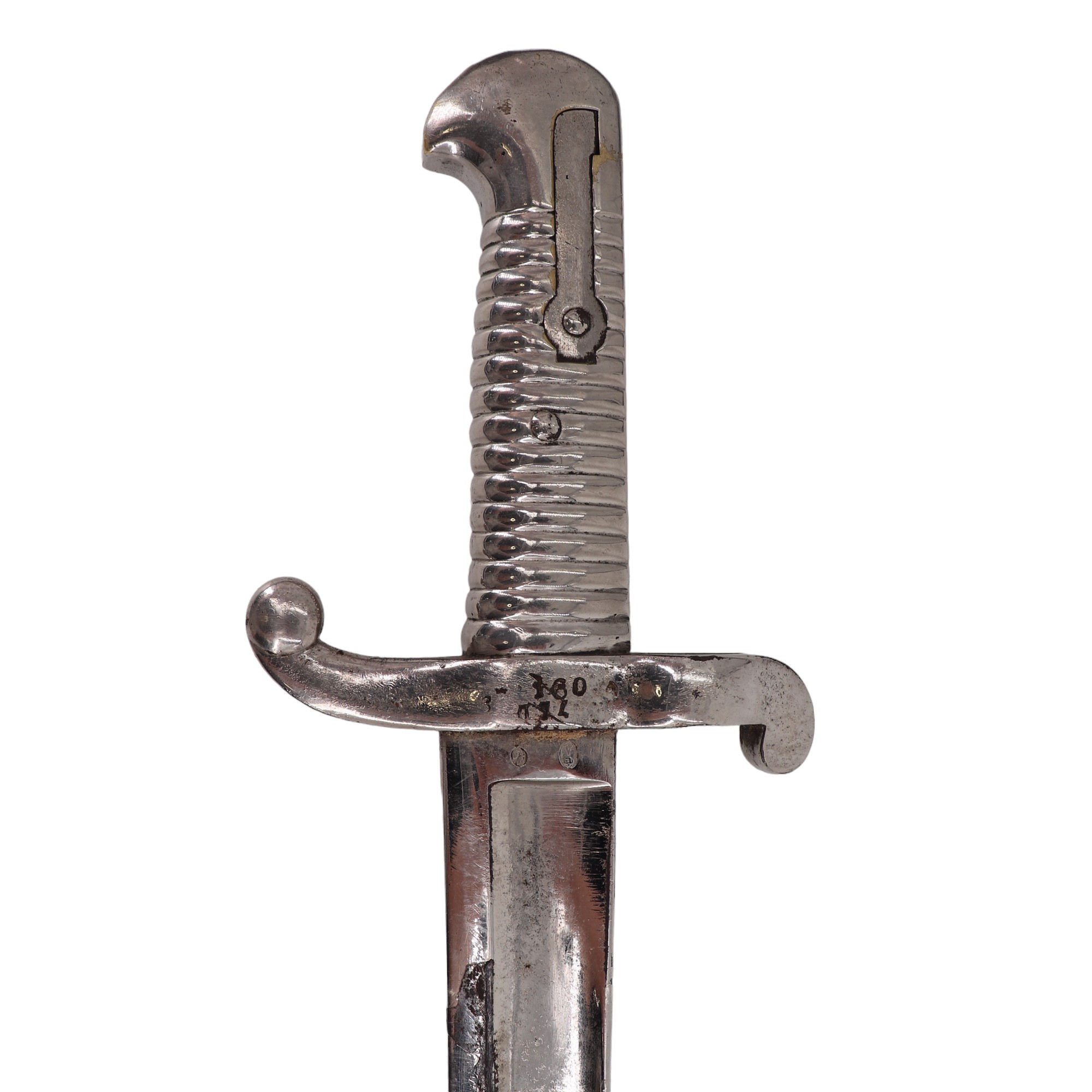 A French Mle 1842 bayonet, nickel plated and modified for cruciform wall display, together with an - Image 5 of 8