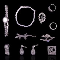 A group of vintage marcasite, silver, white metal and other jewellery and watches including a