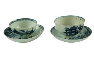 Two George III James Pennington & Co blue-and-white porcelain saucers and a tea bowl, decorated in
