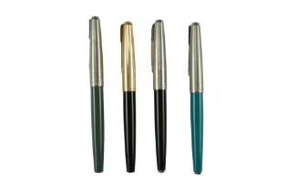 Four vintage Parker fountain pens including a 51 and a 61 having a 12 ct yellow metal cap