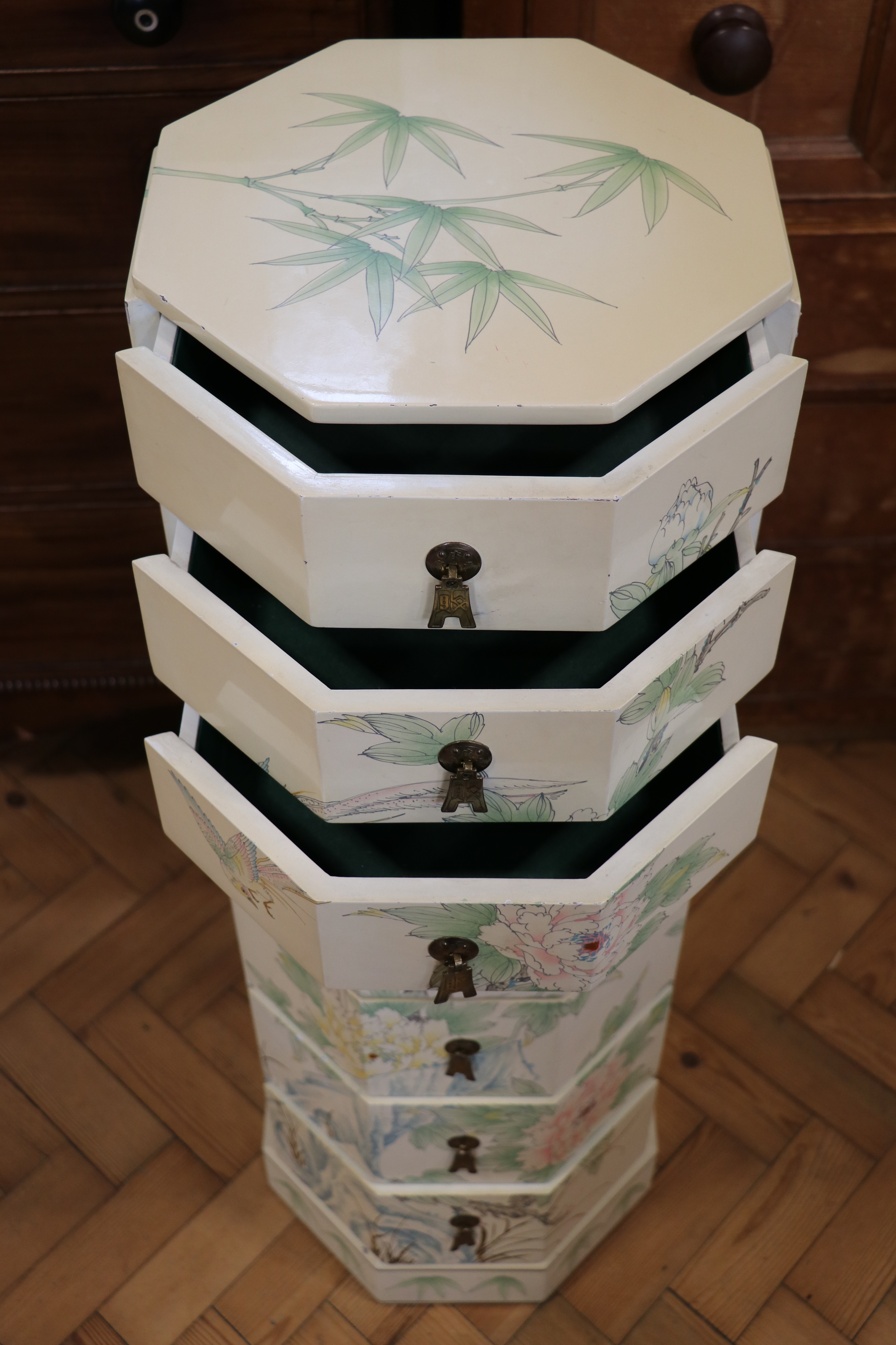 A late 20th Century Chinese lacquered tallboy, of octagonal form and decorated with birds among - Image 4 of 4
