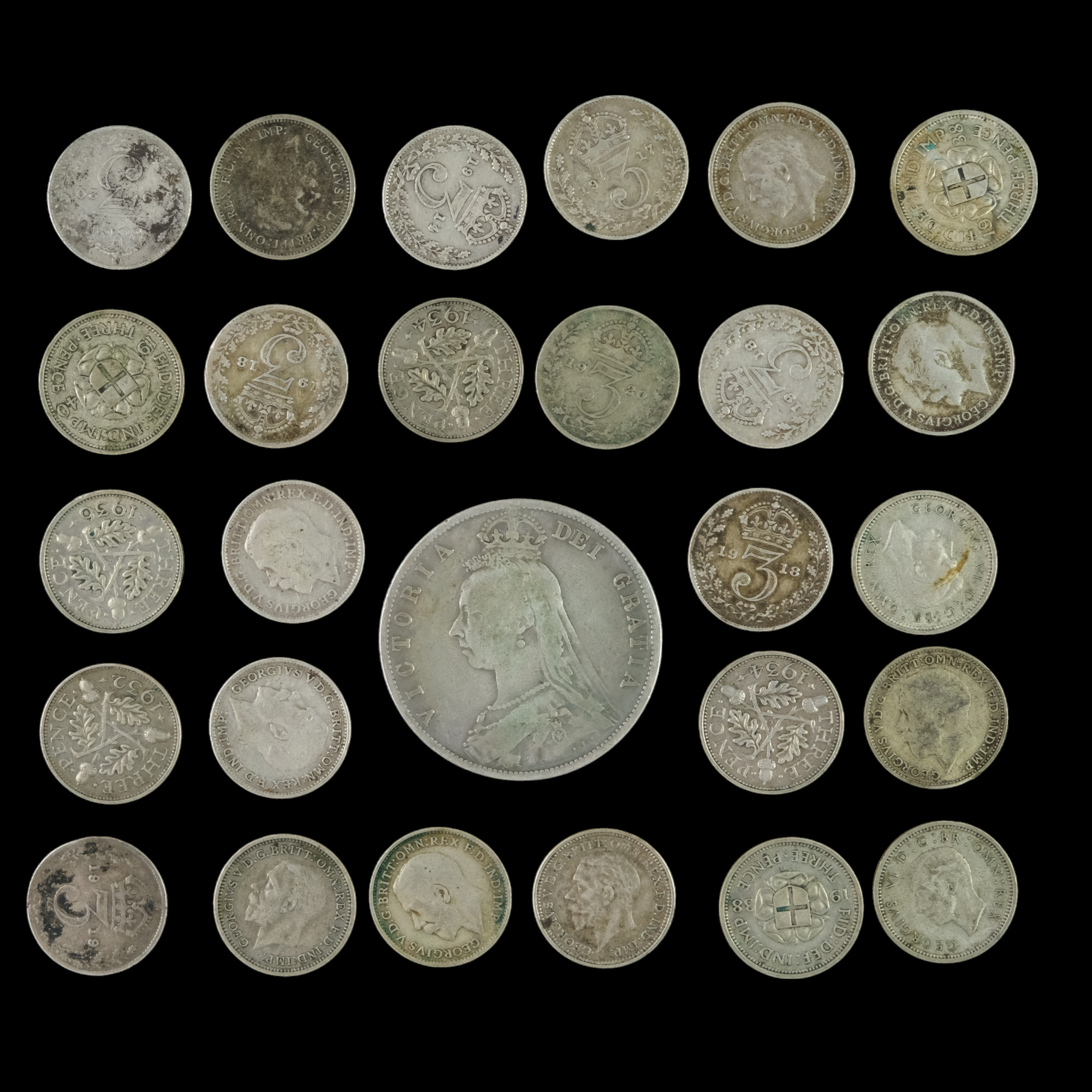 A group of Georgian and later GB silver coins comprising an 1826 shilling, 1888 half-crown, 1887 - Image 2 of 8