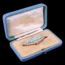 A Late 19th / early 20th Century turquoise cabochon, seed pearl and 9 ct yellow metal brooch, 37 mm