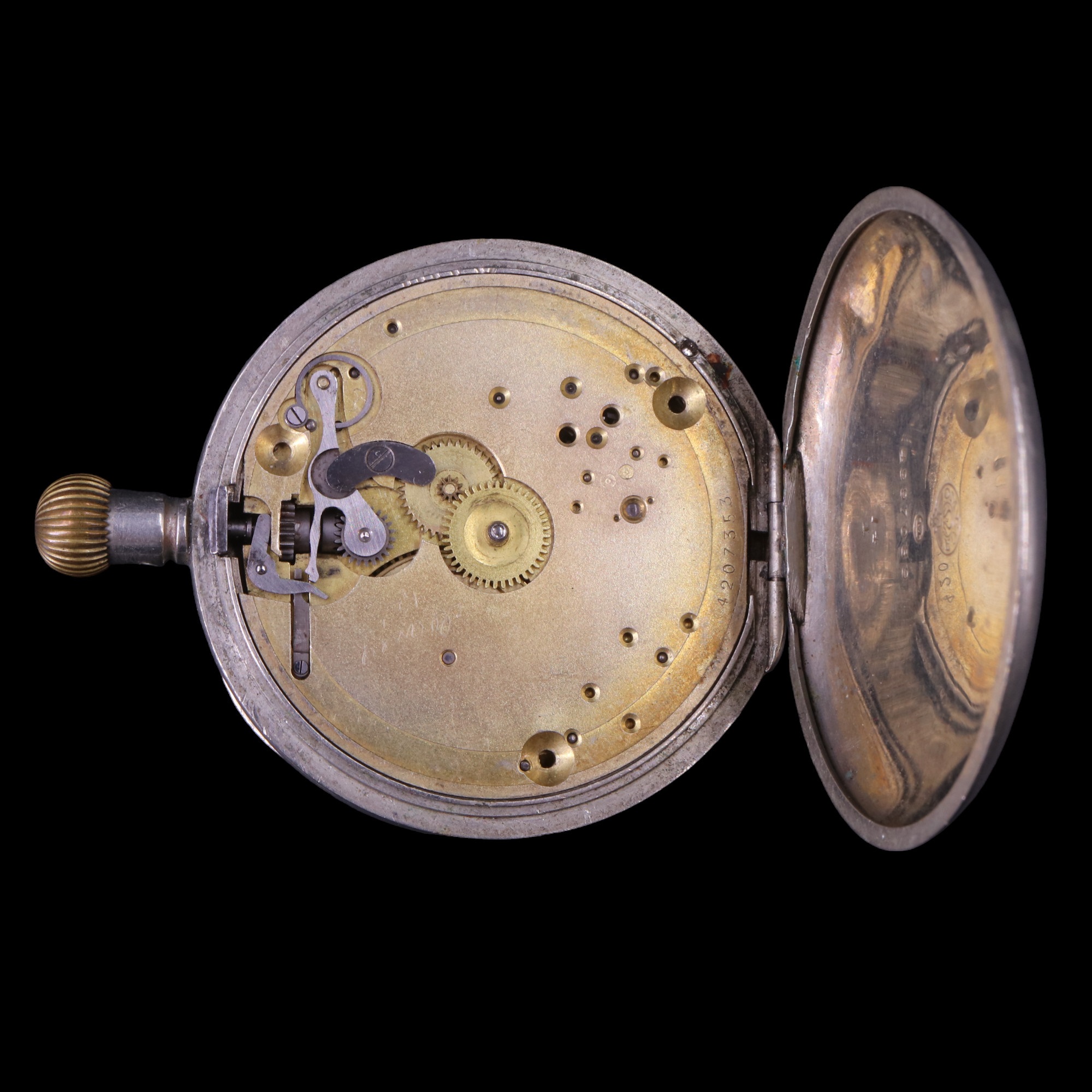 An early 20th Century Omega pocket watch, having a nickel hunter case, (incomplete) - Image 2 of 6
