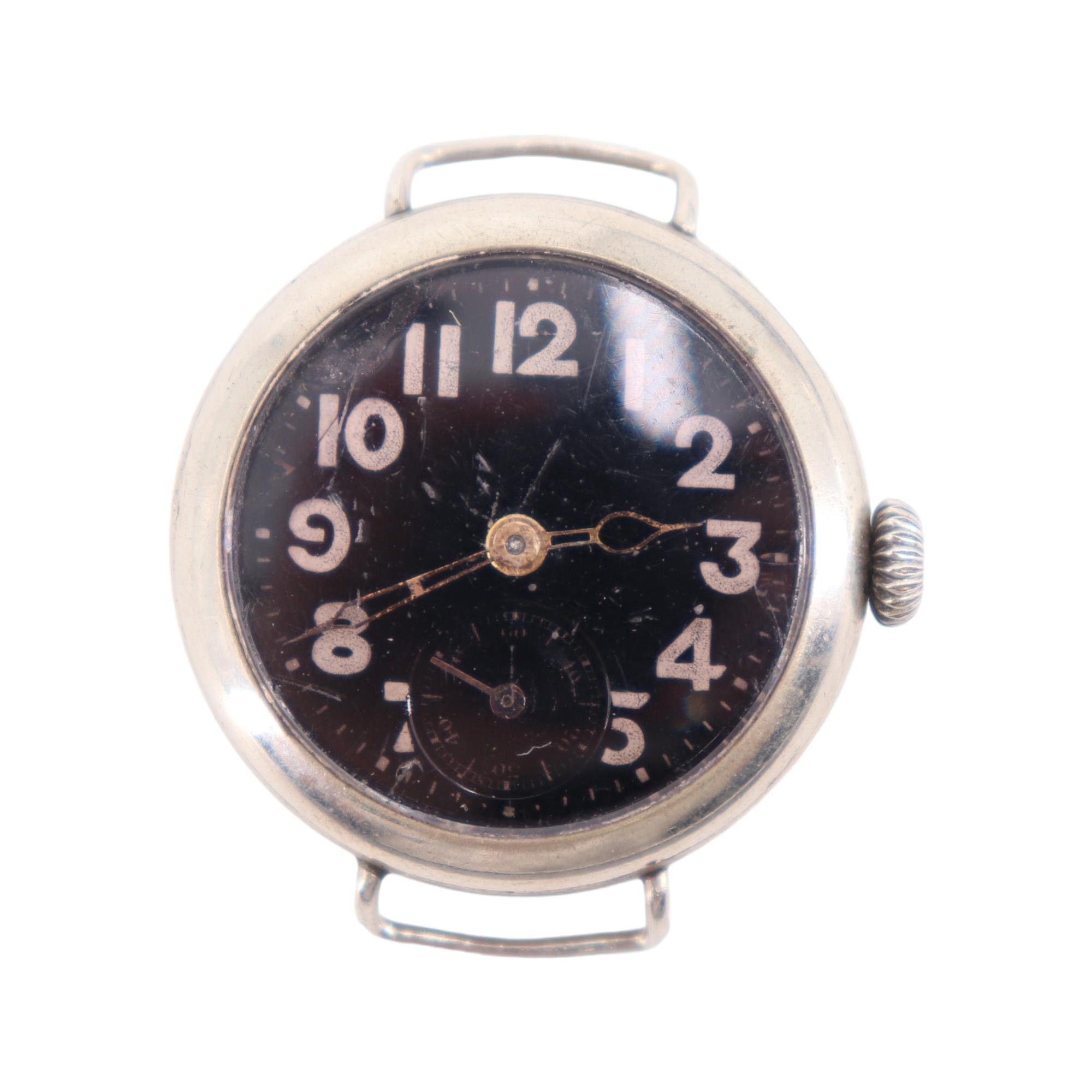 A Great War British army issue wristwatch by Lanco (Langendorf Watch Company), the case back bearing