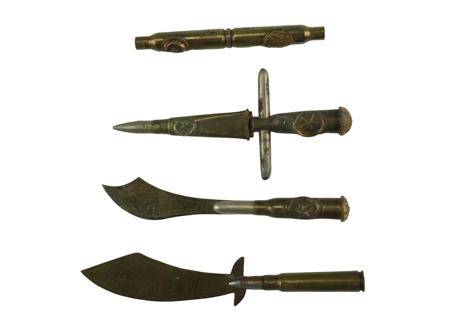 Three Great War trench art paper knives and one other related object, three incorporating Ottoman