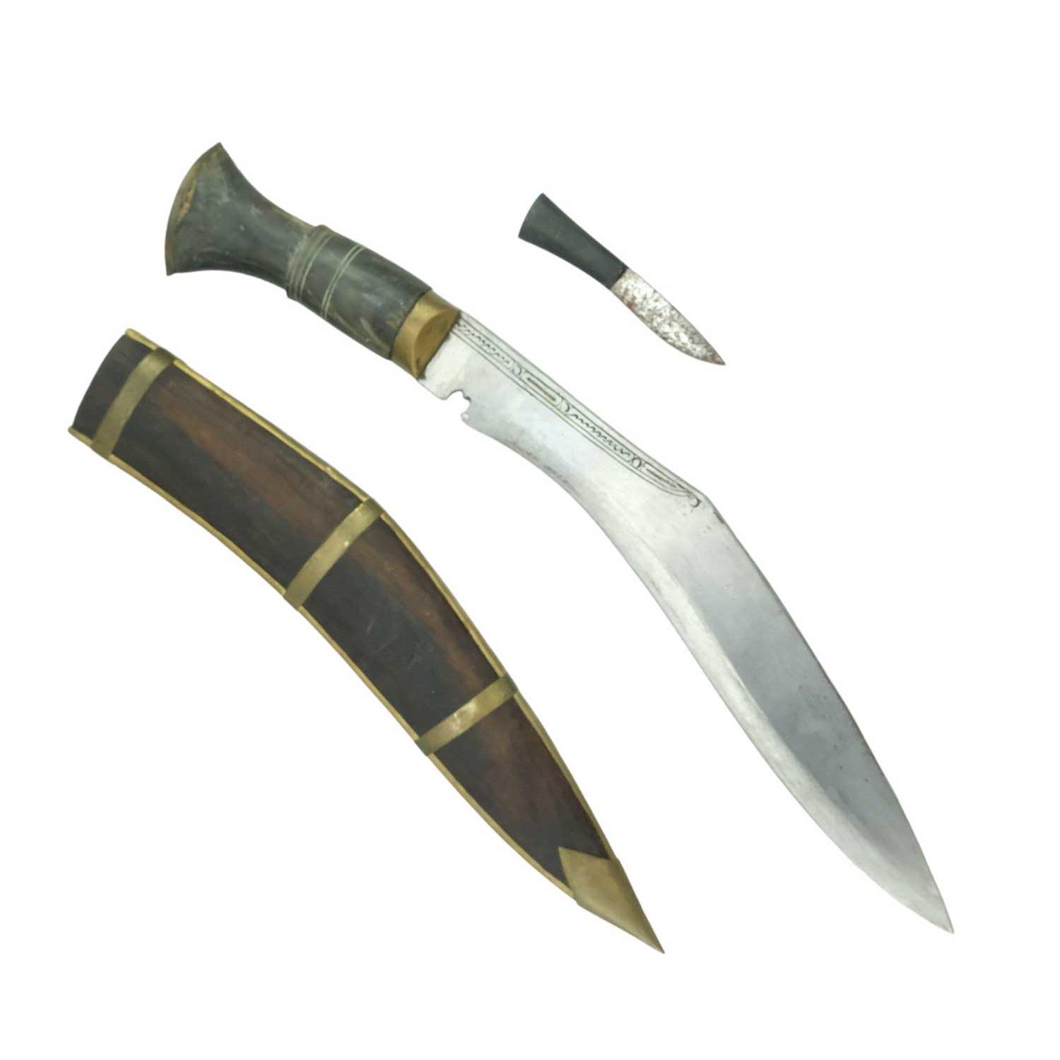 An Indian / Nepalese kukri in brass-mounted wooden scabbard, 42 cm