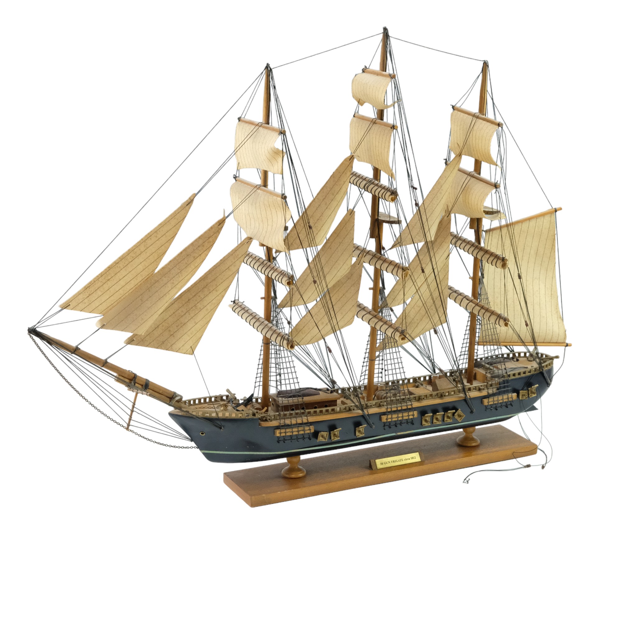 A wooden model ship, being a 38 Gun Frigate, circa 1812, 77 cm x 62 cm high