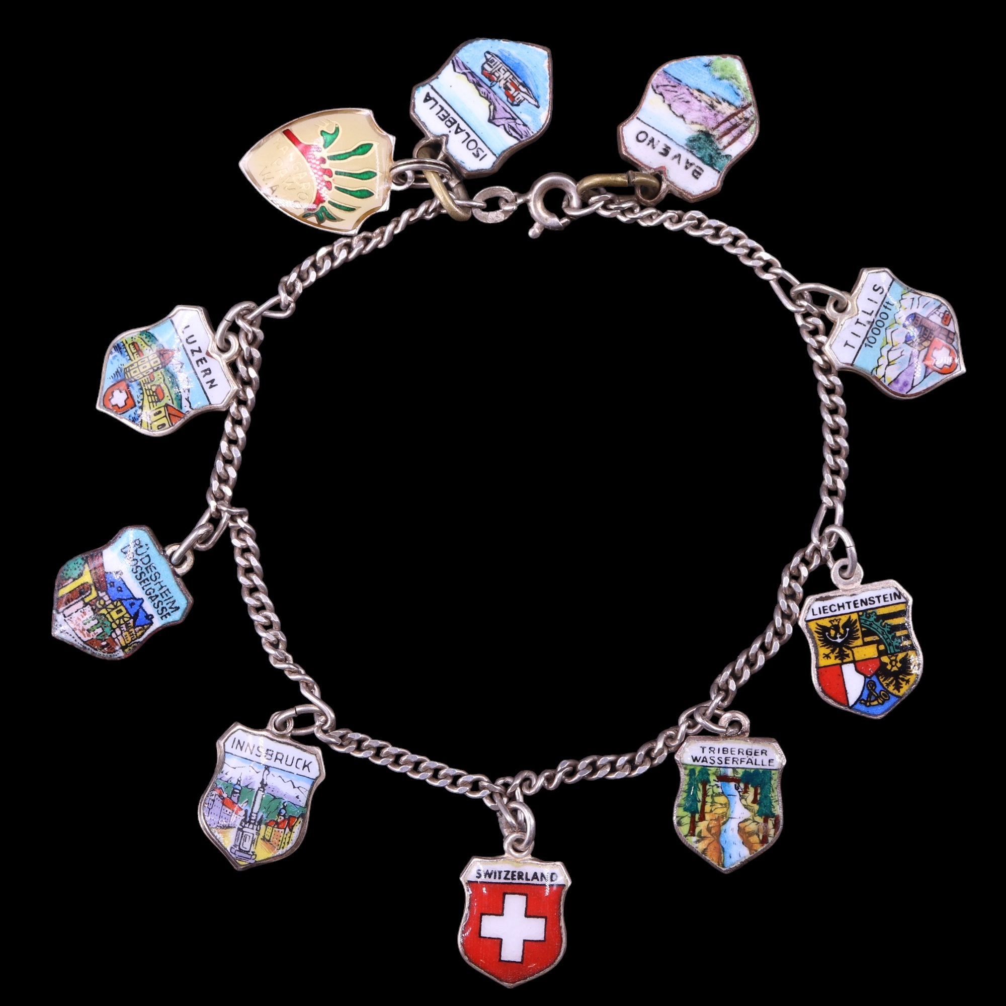 Three vintage white metal charm bracelets including European enamelled shield charms, 79 g - Image 2 of 7