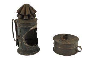 A late 18th / early 19th Century sheet steel canister tinder box, with damper, steel and flints etc,