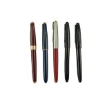 Five vintage Parker fountain pens including a 17 and a Victory