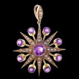A late 19th / early 20th Century amethyst and seed pearl starburst pendant brooch, comprising a