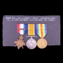 A 1914 Star with clasp, British War and Victory Medals to casualty 33211 Pte J McGlennon, King's Own