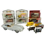 A Bburago Jaguar E-Type (1961) together with sundry Lledo diecast cars and vans
