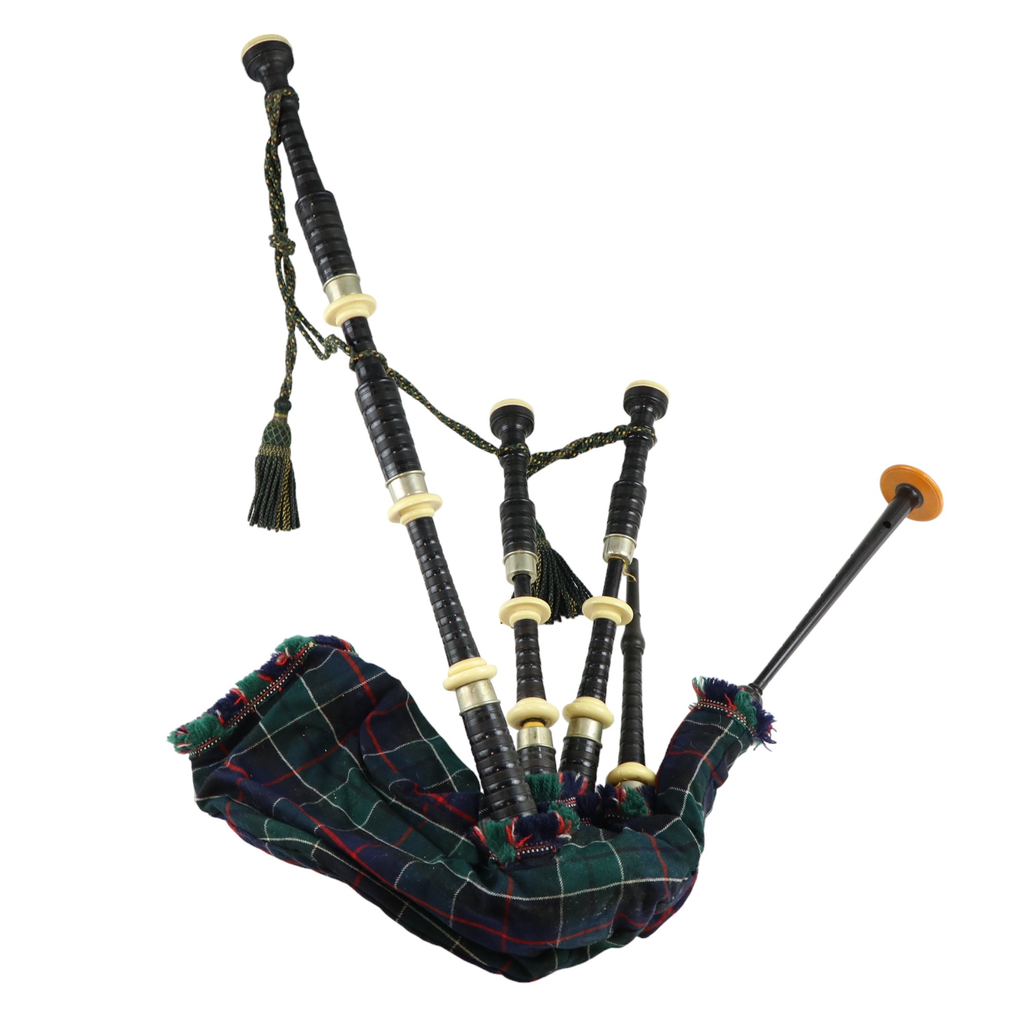 A set of great Highland bagpipes, in turned black wood with ivorine and nickel plated mounts, the - Image 2 of 3