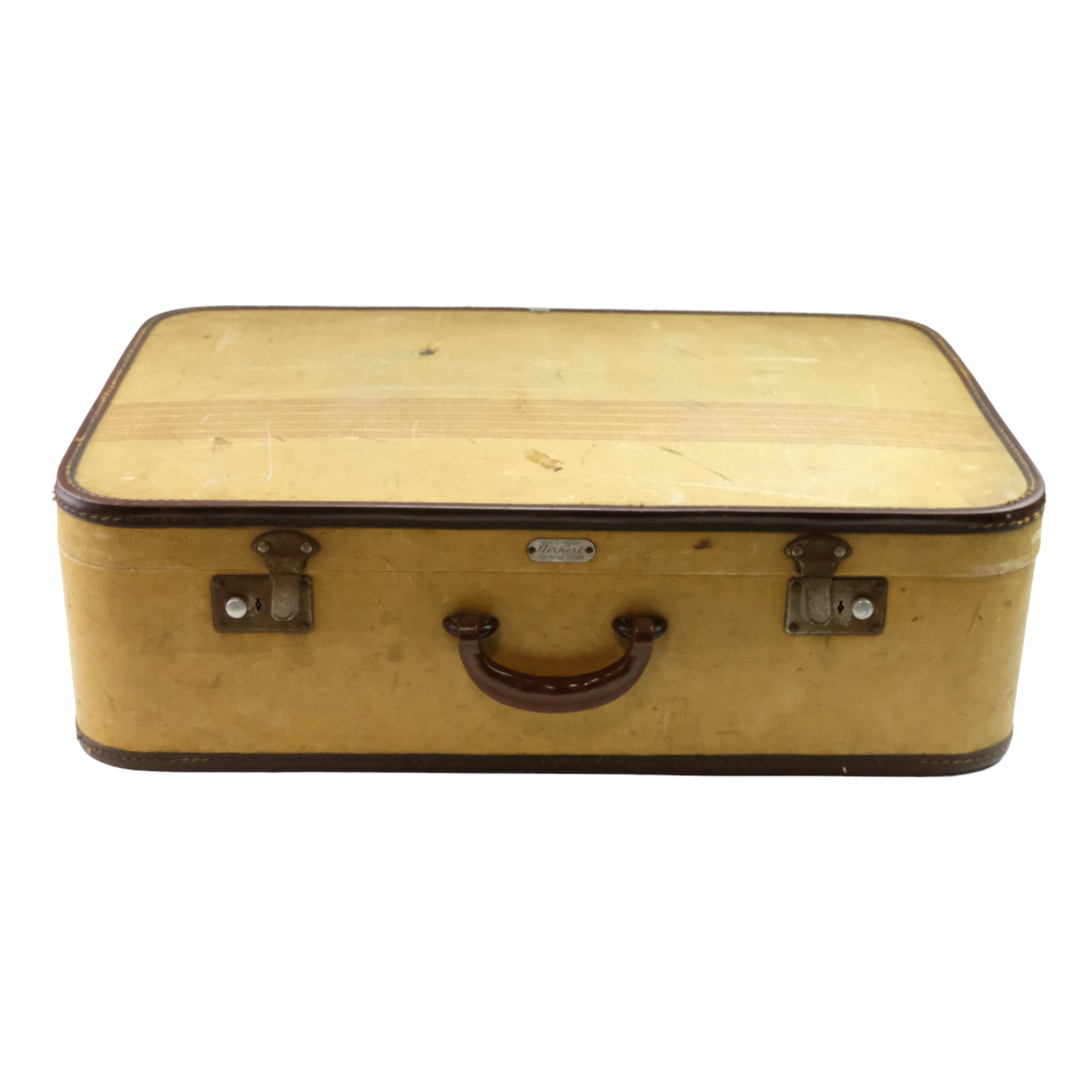 A 1940s-1950s suitcase bearing an 'Airport Registered Lightweight Luggage' label, 68 x 20.5 x 45 cm - Image 2 of 2