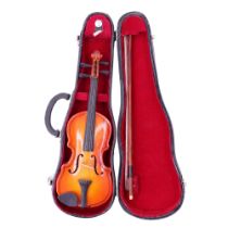 A cased miniature violin and horse hair bow, 23 cm