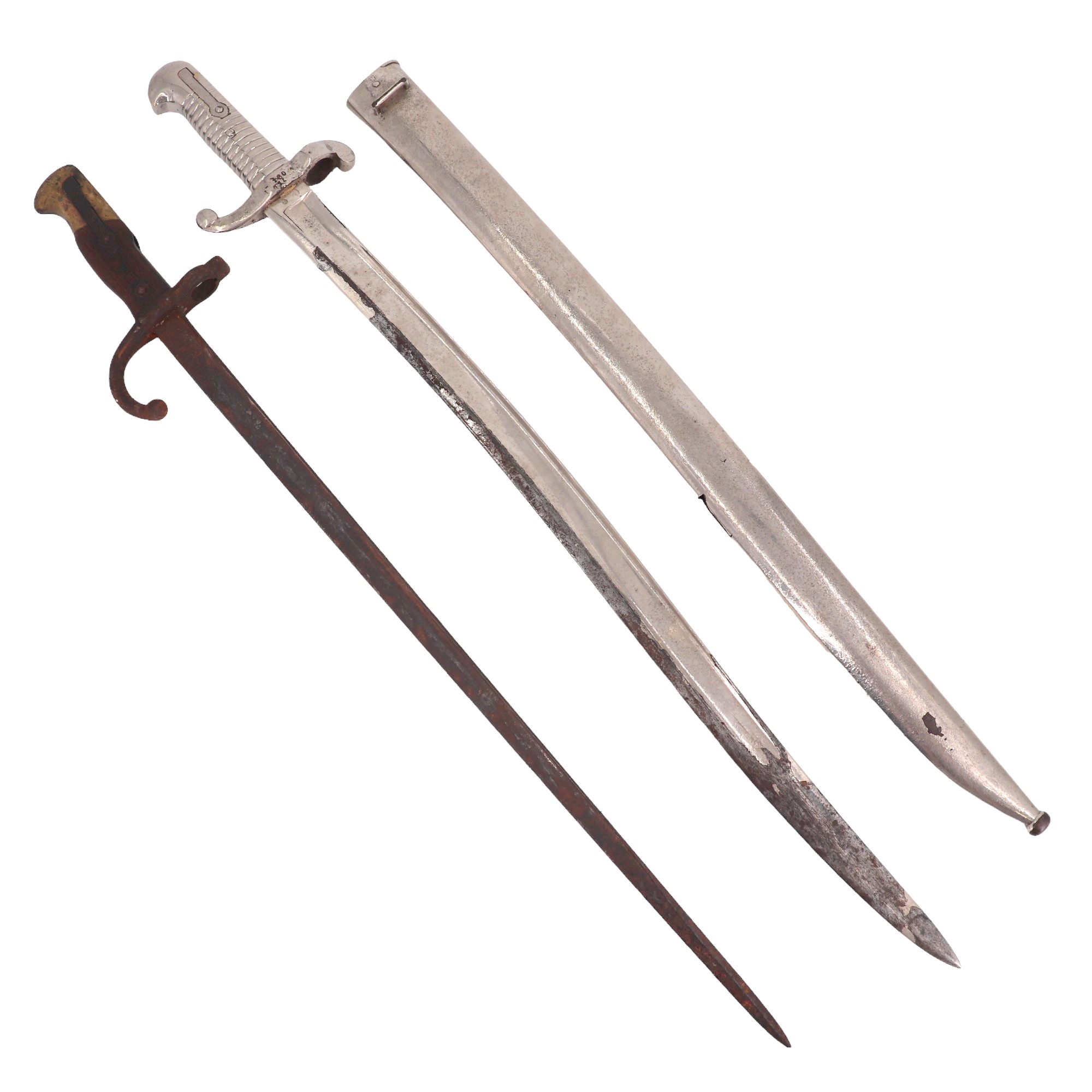 A French Mle 1842 bayonet, nickel plated and modified for cruciform wall display, together with an
