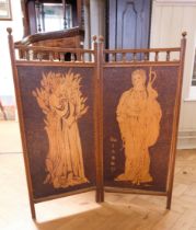 A late 19th / early 20th Century Arts and Crafts two-fold wooden fire screen decorated with